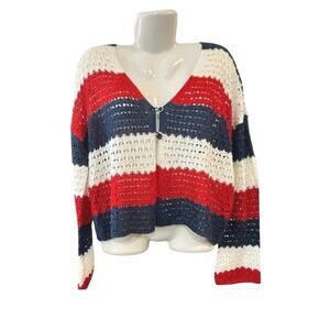 33 Degrees Women's Red/White/Blue Crochet 2 Button Front Cardigan Nautical SZ XL